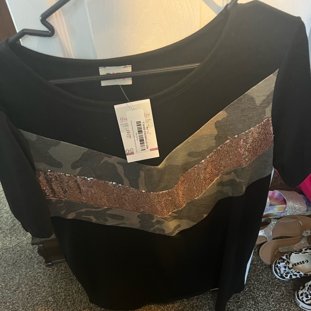 Bibi brand black top with camo and sequins